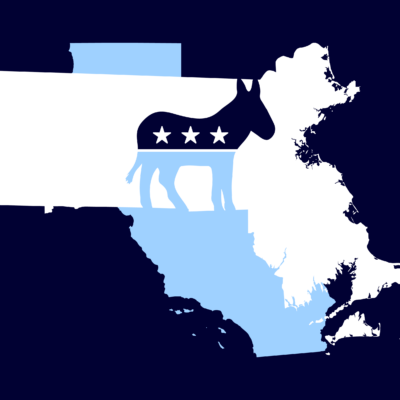A Democratic donkey superimposed over the state maps of Massachusetts and California.